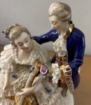 Dresden Porcelain Figurine Of Rococo Couple With Cello Lace Dress Mint 6WX7.5H. Fixed Price $120.00.