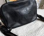 Coach Black Cross-body Bag, Pebbled Gold Hardware Double Zip Adjustable Strap. Fixed Price $105.00.